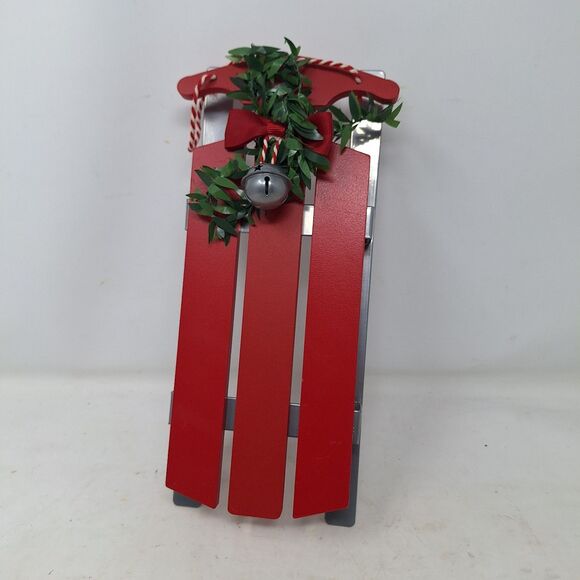 Christmas Sled Red Wood Holly Bell Wall Hanging Decoration Winter Holiday Decor - Picture 7 of 7